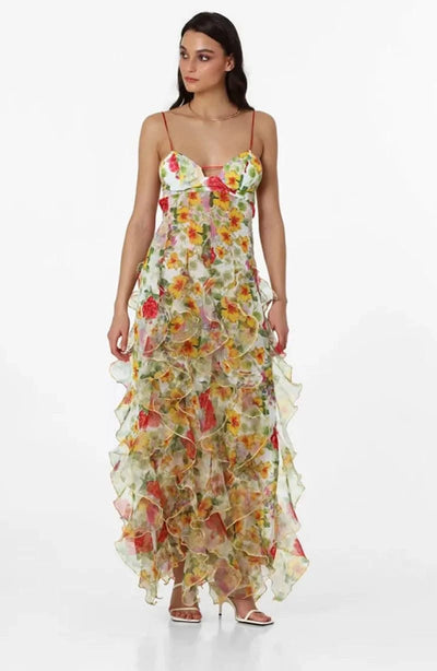 Summer Women Floral Print Party Dress Elegant New Fashion Strap V Neck High Waist Halter Corset Ruffle Evening Long Dress Robe
