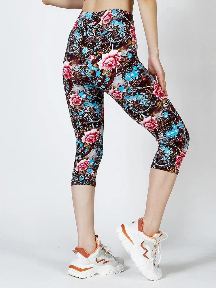 CUHAKCI New Digital Printing Leggings Women Tights Gym Mujer Summer Femme Ladies Floral Printed Push Up Capri Elastic Legging