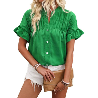 Women Button Solid Cotton Linen Blouses Summer 2025 Fashion Stand Up Short Sleeve Shirts Casual V-Neck Ruffles Office Lady Tops