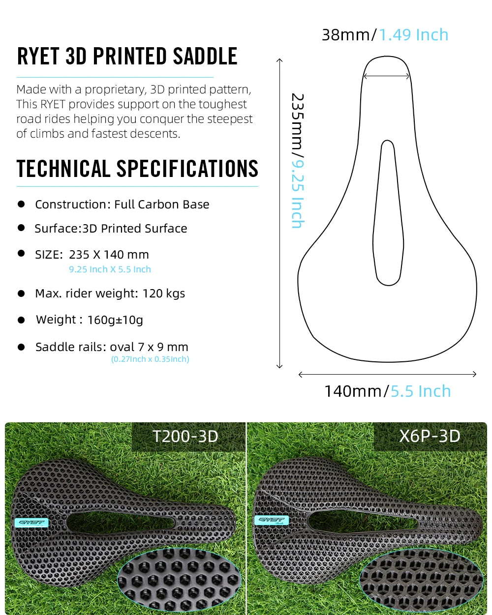 RYET 3D Printed Bike Carbon Saddle 140mm 142mm Super Light Road MTB Racing EVA Saddles Bicycle Seat Cushion Cycling Seating Part
