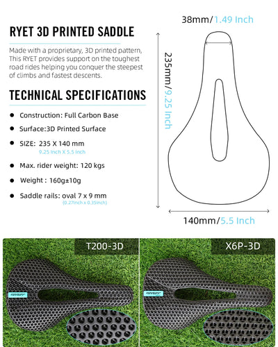 RYET 3D Printed Bike Carbon Saddle 140mm 142mm Super Light Road MTB Racing EVA Saddles Bicycle Seat Cushion Cycling Seating Part