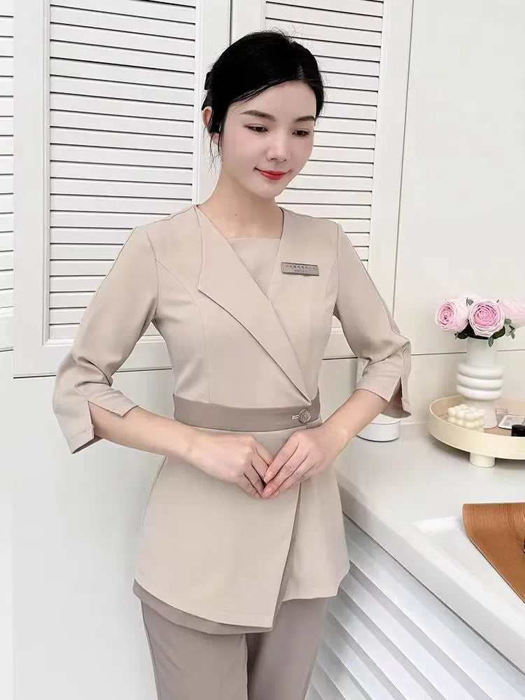 Women's Khaki SPA Uniform Set 2025 Spring/Autumn New Style Beauty Salon Front Desk Workwear Top And Pants Company Wholesale
