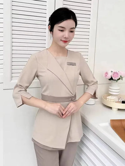 Women's Khaki SPA Uniform Set 2025 Spring/Autumn New Style Beauty Salon Front Desk Workwear Top And Pants Company Wholesale