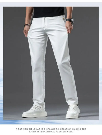 2024 New Summer Thin Men's Straight Denim Cotton Stretch Creamy-white Jeans Classic Business Pants Fashion Trousers Male Brand