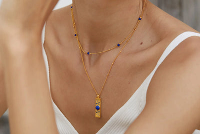 Lapis Lazuli CZ 925 Silver Gold Plated Hammered Bar Pendant Necklace Women Blue Stone Geometric Trendy Dainty Luxury Necklaces