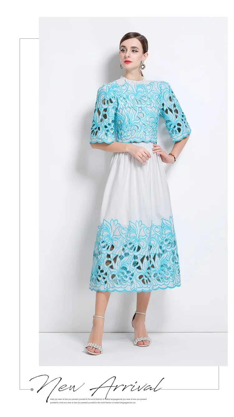 Summer Short Sleeve A-LINE Set Skirt for Women Fashion Ruffled Collar Embroidery Set Skirt Women Vestidos De Verano Mujer Q344