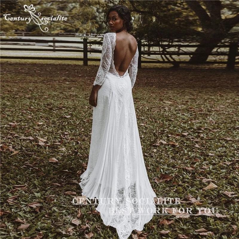 Boho Wedding Dresses 2025 Long Sleeve Backless Lace Appliques Chiffon Sheath Bohemian Bridal Gowns Beach Bride Dress Customized