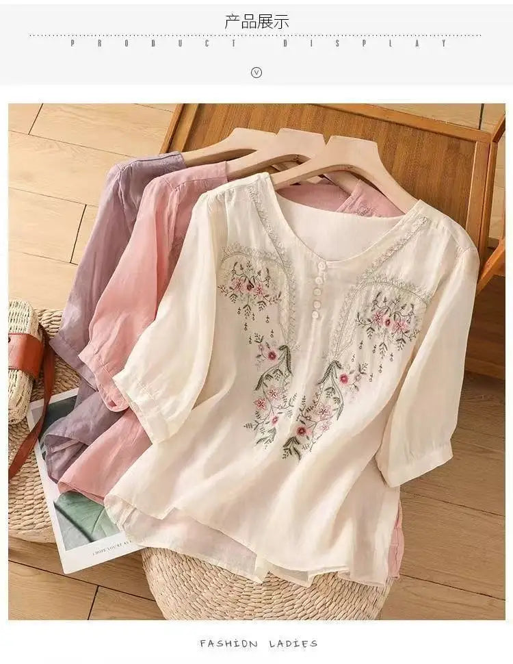 Cotton and Linen V-neck Embroidered Shirt for Women, Summer Thin Style Loose Medium Sleeves Small Shirt Top