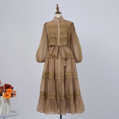 Luxury Long Dresses Women 2025 Spring Summer Embroidery Ruffle Lace Pearl Hollow Out Party Midi Dress Shirt Full Sleeve Vestidos