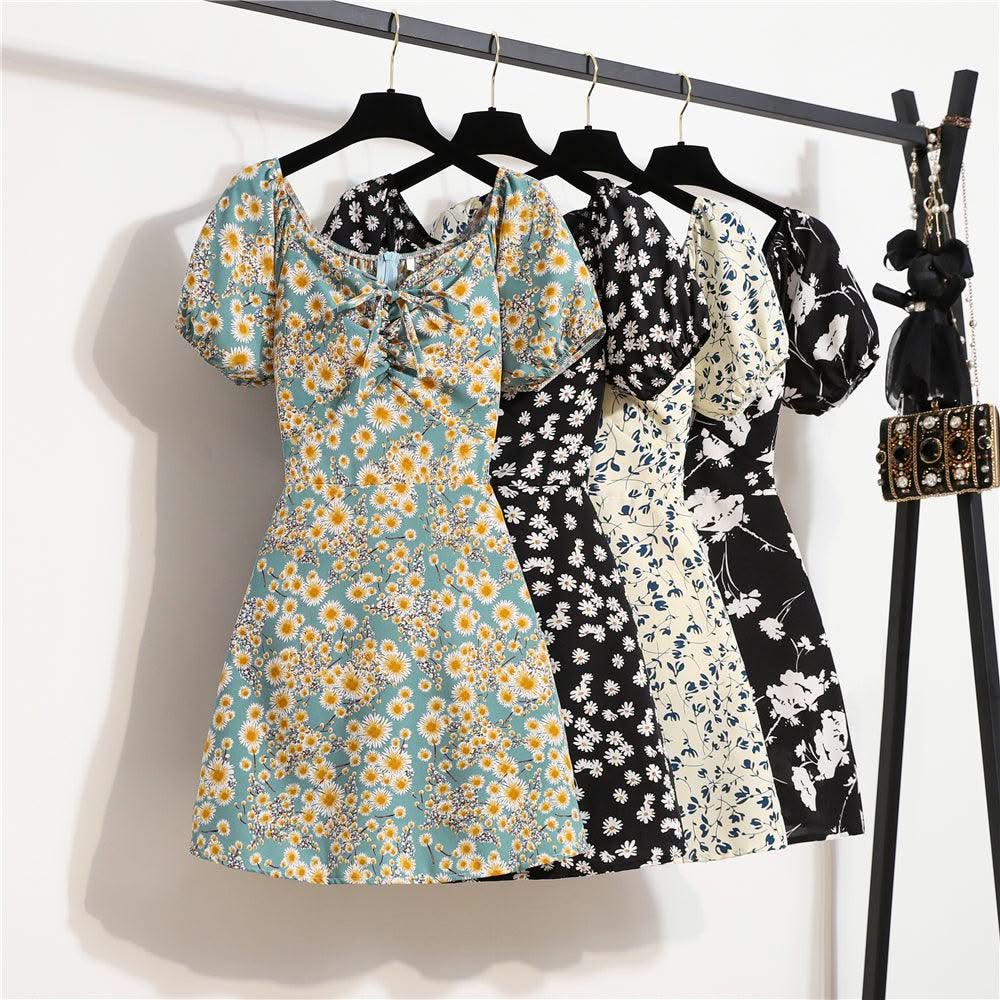 Women Mini Printed Floral Chiffon Shirring Pleated Short Puffy Sleeve Casual Dresses Summer Fashion
