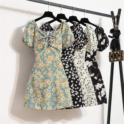 Women Mini Printed Floral Chiffon Shirring Pleated Short Puffy Sleeve Casual Dresses Summer Fashion