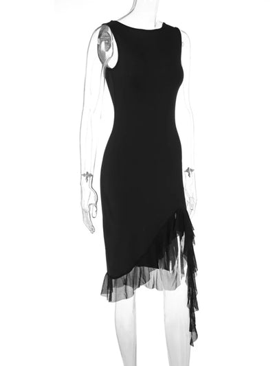 Women Maxi Dress Summer Elegant Solid Sleeveless Nipped Waist Slim Backless Ruffled Irregular Party Dresses Streetwear