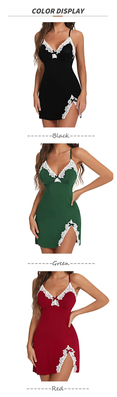 Sexy Sleepwear Women Lace Silk Satin V-Neck Nightgown Split Hem Soft Lingerie Night Dress Sleeveless Sleepwear Female Clothes