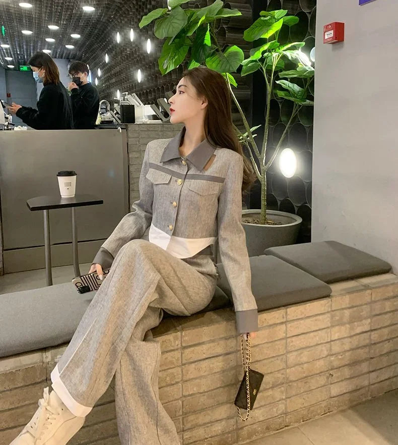 Trousers Woman Office Grey Wear To Work Top and Pant Sets for Women 2 Pieces Professional Spring Autumn Korean Style Luxury Full