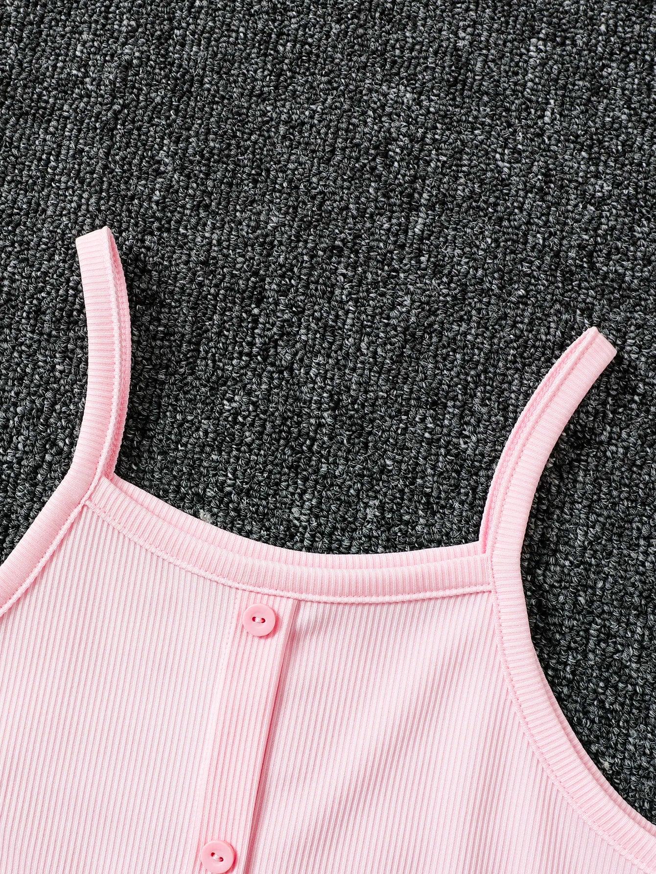 Women's pink knitted dress: slim ribbed fabric, elegant front button design, suitable for spring and summer