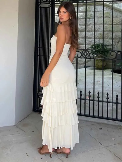 NIDANSSI White Strapless Backless Evening Party Dress Women Ruffle Robes Elegant Sexy Dress Bodycon Long Summer Dress Vestidos
