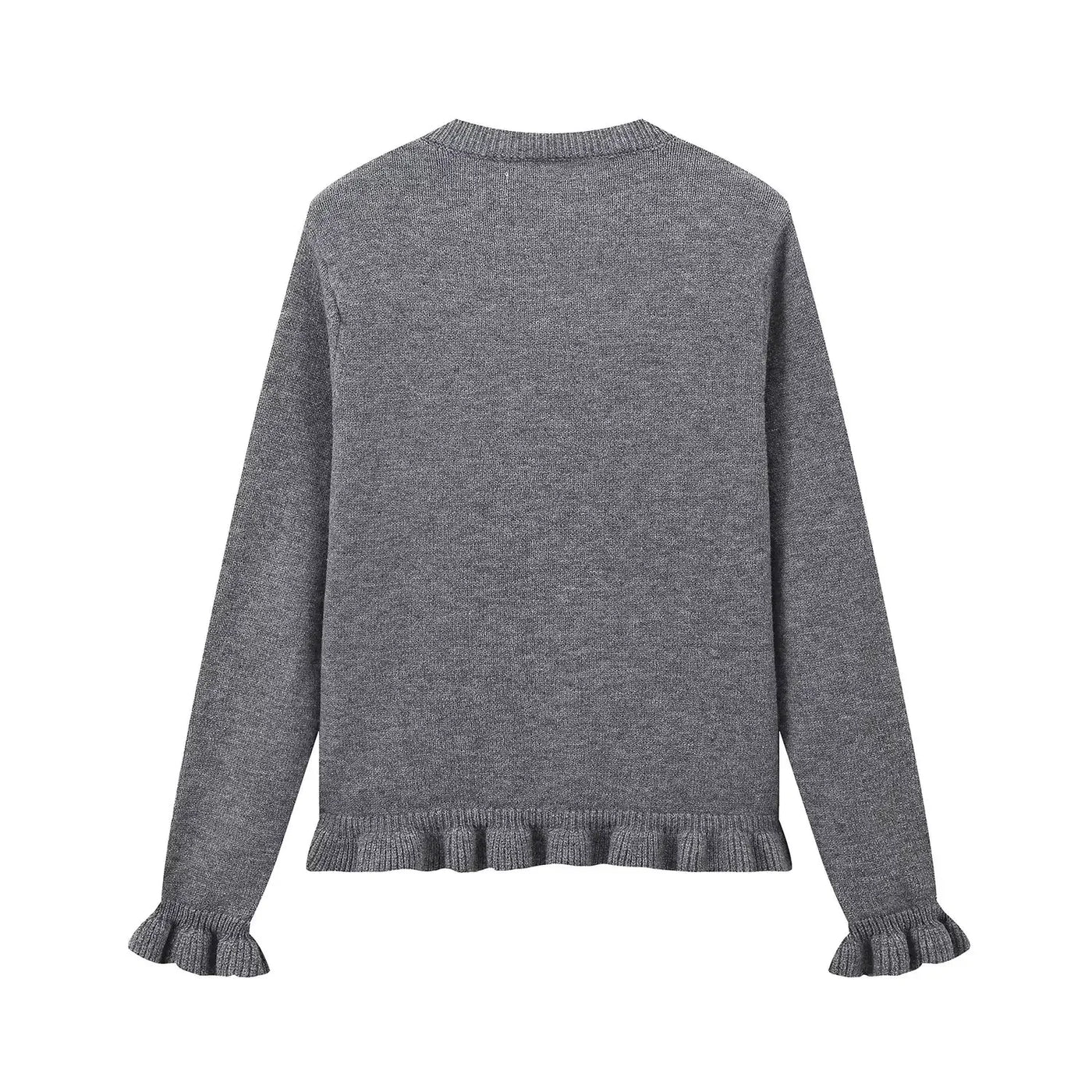 Women Ruffle Gray Knitted Cardigan Outerwears New Autumn Women Long Sleeve Sweater Elegant Button-Down Cardigan