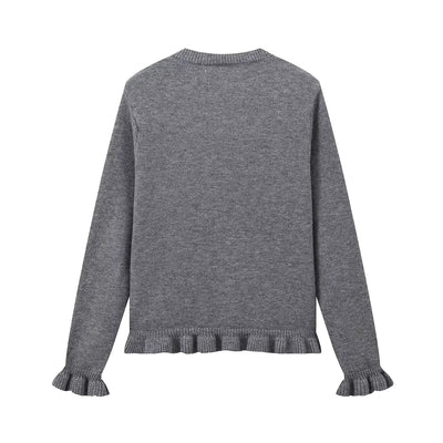 Women Ruffle Gray Knitted Cardigan Outerwears New Autumn Women Long Sleeve Sweater Elegant Button-Down Cardigan