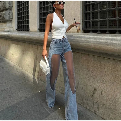 Women Fashion See Trough Jeans Y2k Pockets Pants Vintage Mesh Hollow Sheer High Waist Trousers Girls Straight Wide Leg Bottoms