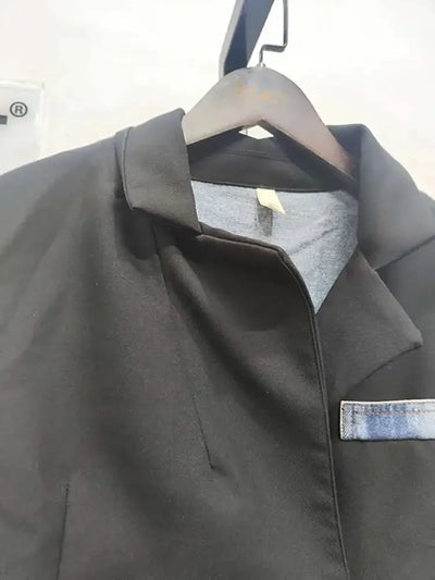 DEAT Women's Blazer Notched Collar Patchwork Denim Long Sleeve Khaki Long Sleeve Suit Coat  2024 Summer New Fashion  29L1530