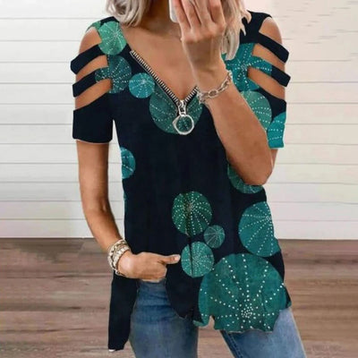 Summer Women's Oversized T-shirt 2025 Elegant Print Floral Casual Zipped V-Neck Sexy SlimTop Female Plus Size For Women Clothing