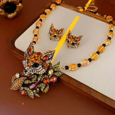 Luxury Crystal Cat Necklace Earrings Beaded Exaggerated Rhinestones Pendant Necklace Neck Jewelry Accessories