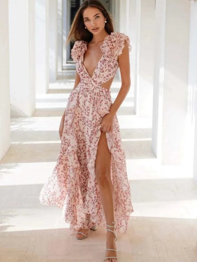 Summer Sleeveless Floral Dress for Women Deep V Neck Flower Print Backless Ruffles Long Dresses Beach Holiday Party Sundress