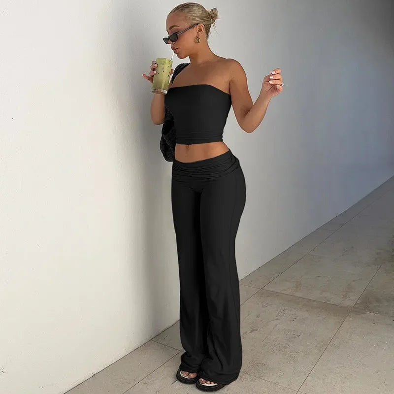 Women's Clothing 2025 Spring Fashion New Item Solid Color Strapless Top Flared Pants Fashionable Slim Fit Sports Suit for Women