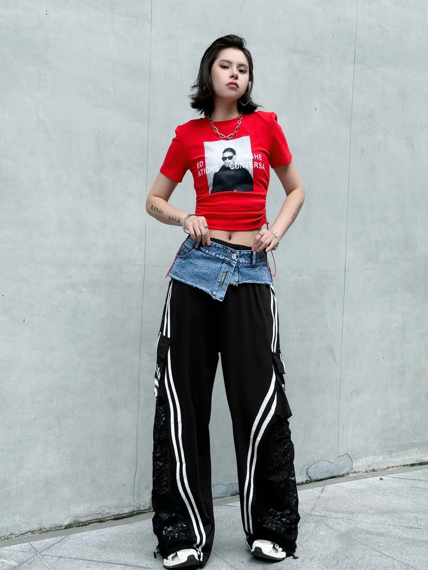 Wide Leg Pants Women Floor Length Patchwork Lace Denim Stripe Print High Waist Multiple Pockets 2025 Streetwear Cargo Trousers