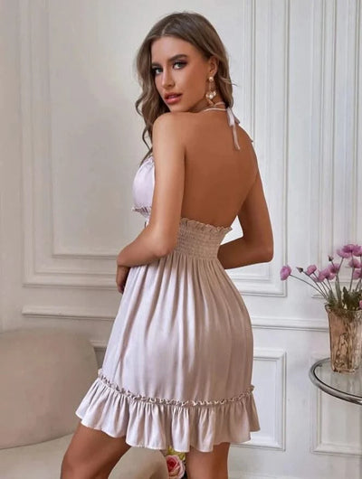 Summer Dresses For Women Trendy Solid Boho Dress V Neck Sleeveless Halter Backless Sundress Ruffles Holiday Beach Dresses
