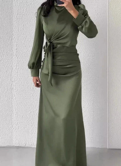 Dresses for Women 2024 Autumn Elegant Fashion Temperament Commuting Long Sleeves Round Neck Skinny Satin Party Evening Dress