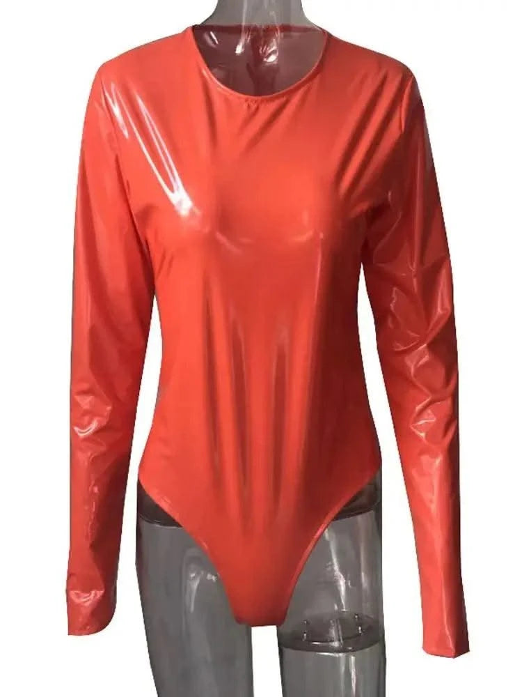 Wet Look PVC Catsuit Shiny PU Leather Long Sleeve Bodysuit Swimsuit Tights Body Teddies Sexy Clubwear Leotard Unitard Shirt Tops