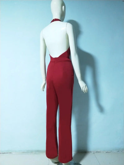 Jumpsuits Women Sexy Playsuits Deep V-neck Sleeveless Halter Neck Backless High Waist Wide Leg Jumpsuit Elegant Party Banquet