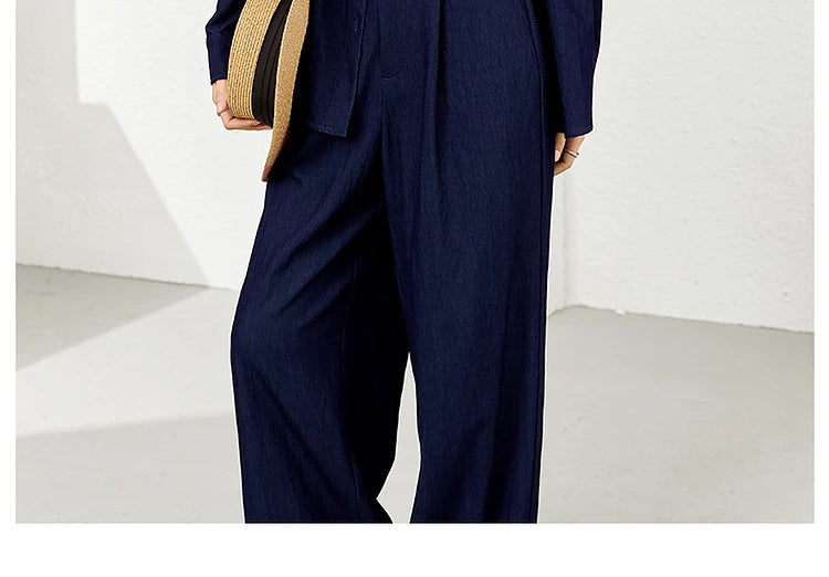 VIMLY Navy Blue Denim Suit Women's 2025 Autumn Outfits Vintage Lace Polo Collar Shirt Wide Legs Pants Ladies 2 Piece Sets A2526