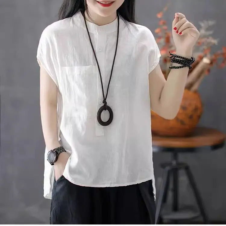 Artistic Style Cotton Linen Short Sleeves Shirt for Women Summer Solid Loose Stand Collar Temperament Top Fashion Women Clothing