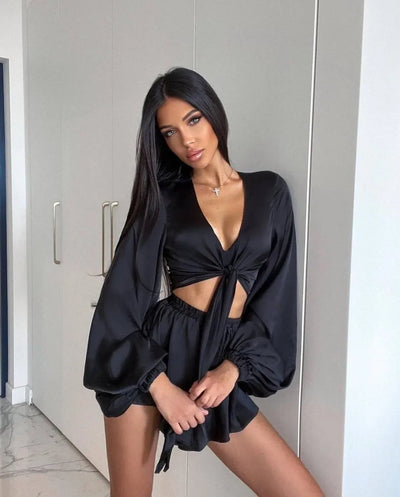 Women s Two Piece Outfits Low Cut Tie Front Pajamas Set Summer Long Sleeve Shorts Loungewear Set