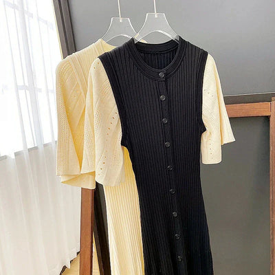 Classic Style Single Breasted Knitted Women Midi Dress O Neck Short Sleeve Hollow Out Spliced Lady Fishtail Dress