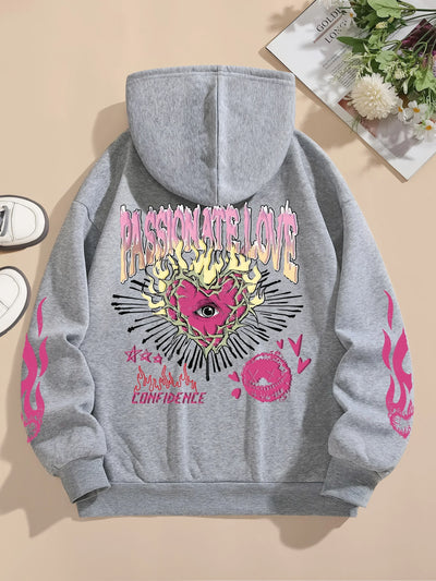 Street Women Sweatshirts Passionate Love Flame Heart Printed Hoodies Crewneck Loose Pullover Fleece Warm Female Tops Clothes