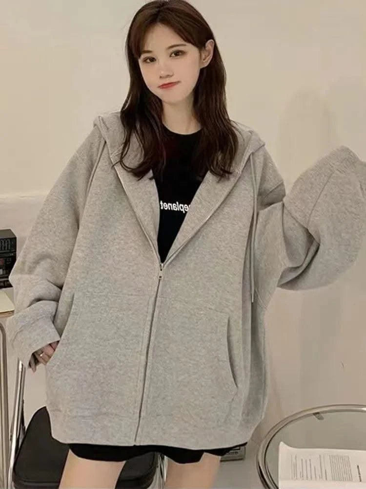 Korean Fashion Zipper Hood Sweatshirt Women Autumn Long Sleeve Tops Casual Y2K Hoodies Streetwear Harajuku Loose Jackets Coats