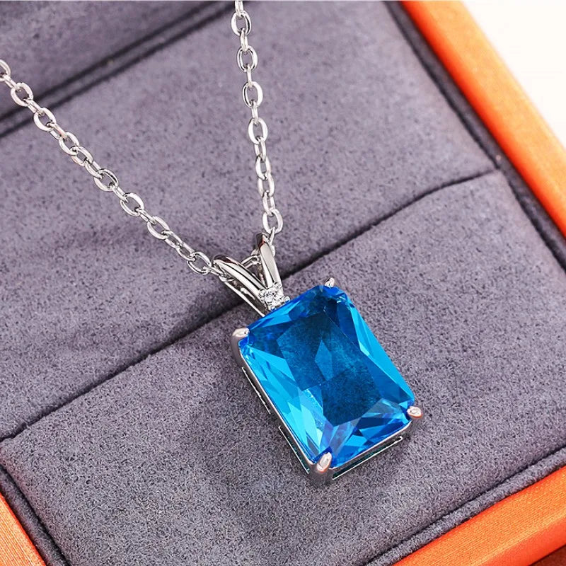 Huitan Luxury Solitaire Blue CZ Square Pendant Necklace for Women Modern Design Temperament Lady's Accessories Wedding Jewelry