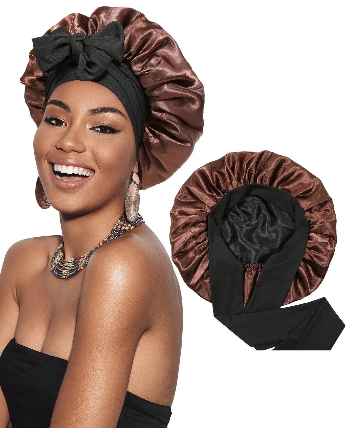 Silk Bonnet for Sleeping Women Satin Bonnet Double Layer Satin Lined Hair Bonnet with Tie Band Curly Hair