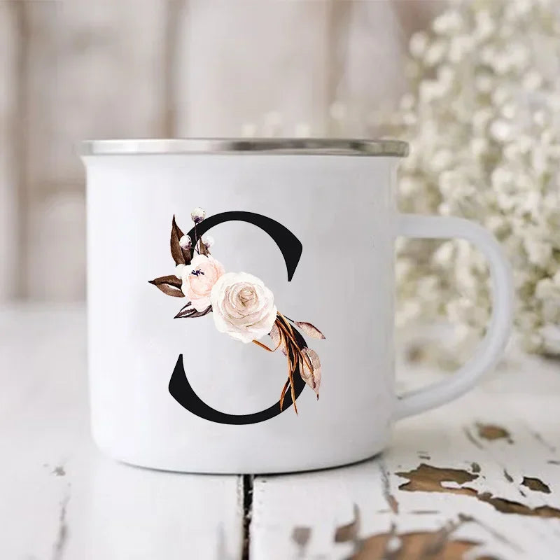 Initial Letter Print Mugs Enamel Creative Coffee Cups Drinks Wine Juice Milk Cup Vintage Home Office Handle Drinkware Best Gifts