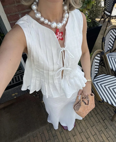 Fashion Bow Lace Up Shirts Women Cotton Linen Hollow Out Sleeveless Pleated Blouses Woman 2025 Summer New Casual Lady White Tops