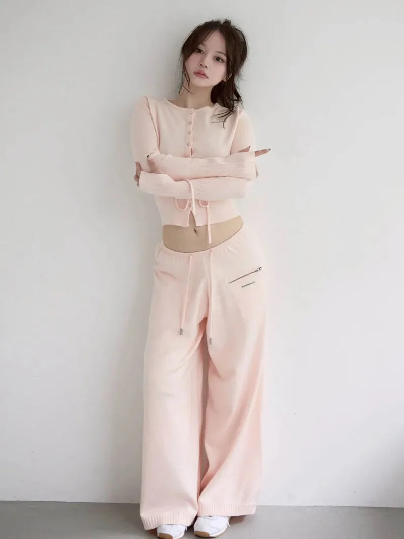 2025 Autumn Winter Japanese Style Sweet Slim Fit Knitted Cardigan Top Long Sleeves Wide Leg Casual Pants Set Outfits For Ladies