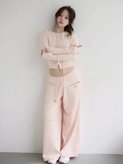 2025 Autumn Winter Japanese Style Sweet Slim Fit Knitted Cardigan Top Long Sleeves Wide Leg Casual Pants Set Outfits For Ladies