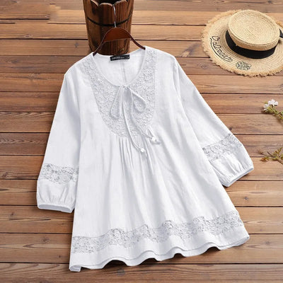 Fashion Women's Solid Lace Top Cotton Linen Casual Top Woman New Summer Blouse Three-Quarter Sleeve Loose Shirt & Blouse Women