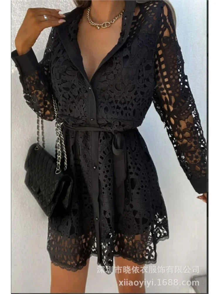 Elegant Shirt Dress Women Sexy Hollow Out Lace Dresses Spring Autumn Button Lace-up Office Lady Mini Dress Female