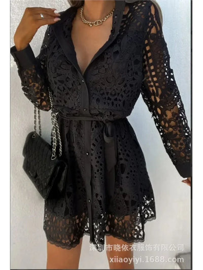 Elegant Shirt Dress Women Sexy Hollow Out Lace Dresses Spring Autumn Button Lace-up Office Lady Mini Dress Female
