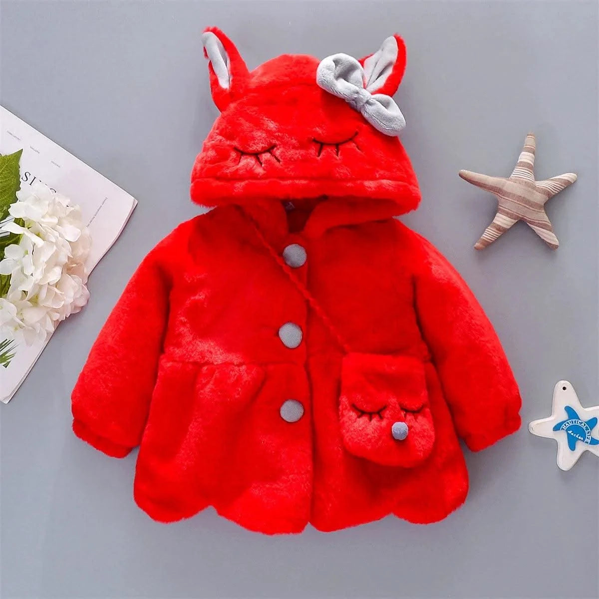 2pc/Set  Long Sleeve Cute Rabbit Hoodie Jacket Winter Plush Bow  | Baby Girl Clothes| Children 0-3years