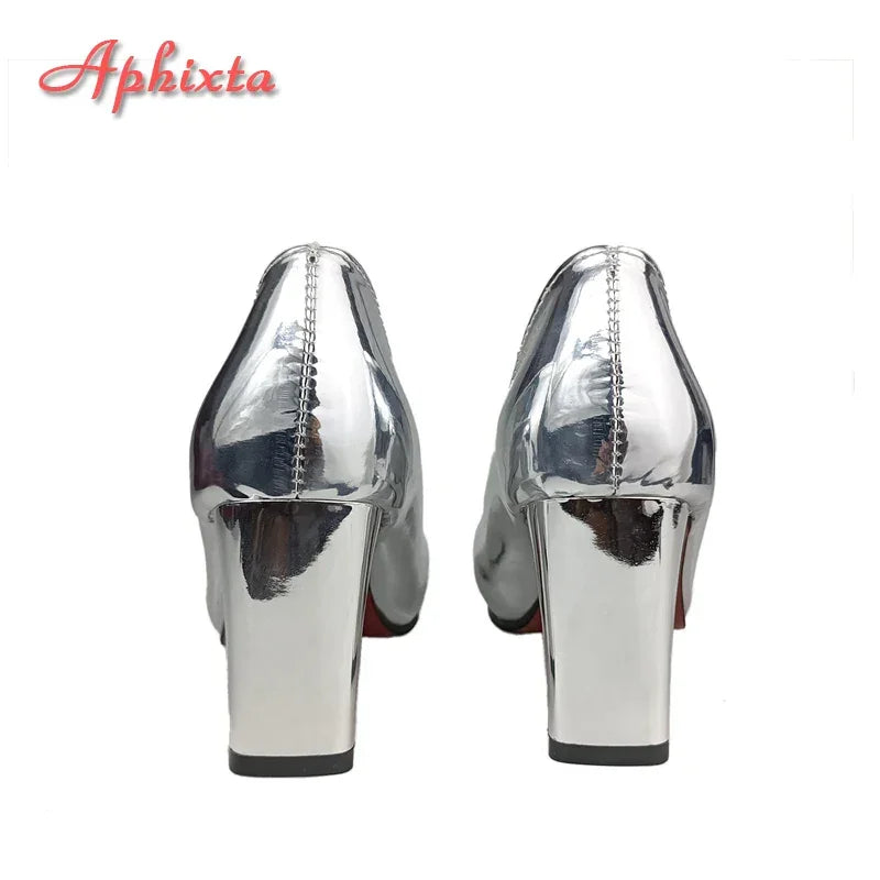 Aphixta Fashion Bling Champagne 7cm Chunky Heels Pumps Women Shoes Luxury Crystals Sun Buckle Party Wedding Super Big Size 30-50